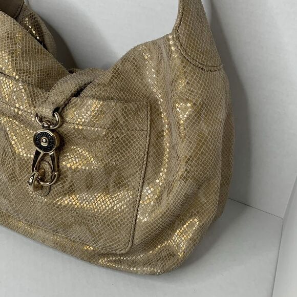 Dooney & Bourke Belvedere gold snakeskin textured leather Logo Lock hobo bag - Picture 3 of 14